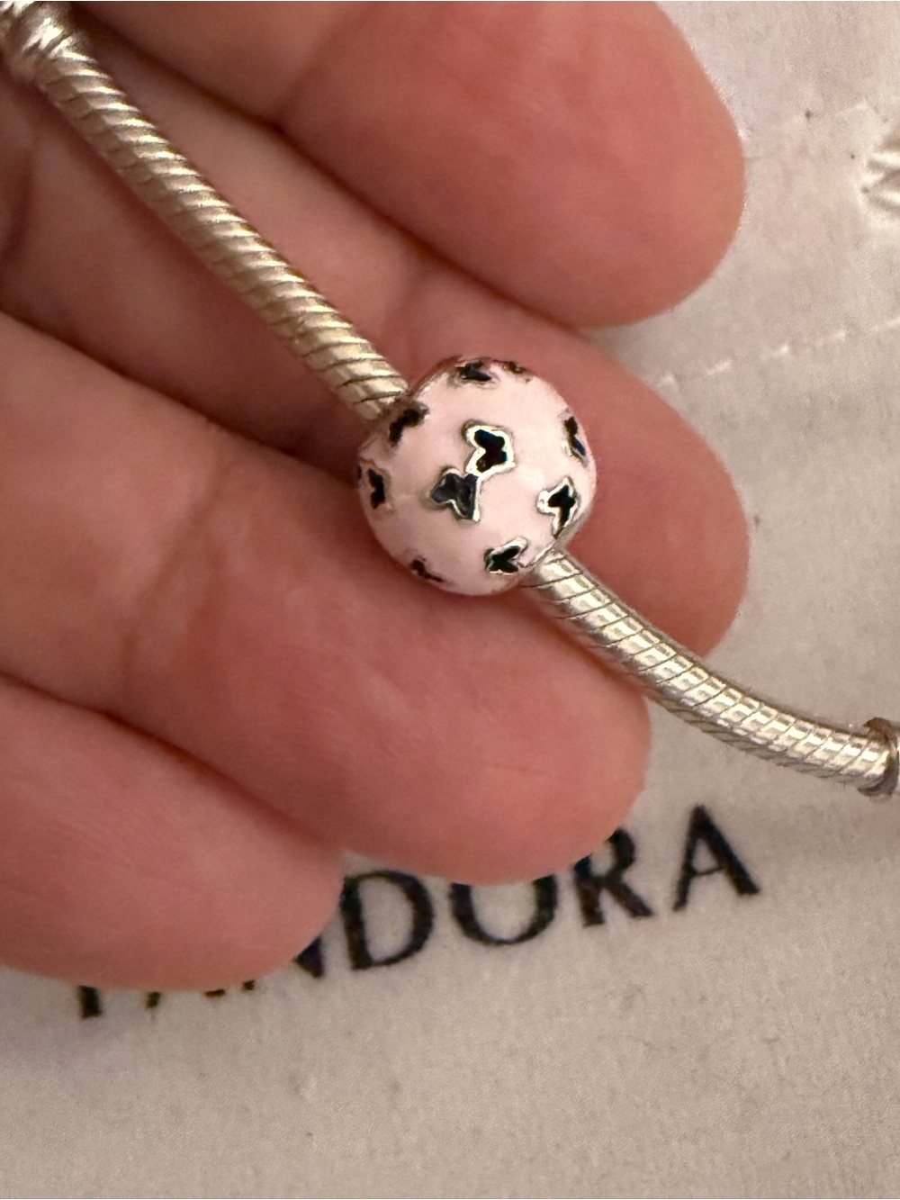 Pandora Pink Enamel Bead with Black Heart Motifs